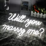 Cartel de neón con el mensaje "¿Quieres casarte conmigo? iluminado con luz fría. El panel está colocado sobre una rejilla negra, encima de la cual hay una foto y una planta verde con un borde blanco y un cristal en la parte superior izquierda.