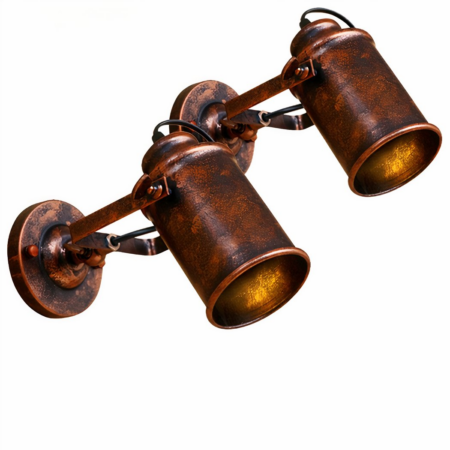 2 apliques industriales vintage en marrón cobrizo sobre fondo blanco.