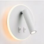 Aplique de lectura redondo blanco con luz de contorno, un tubo de luz descendente y 2 interruptores.