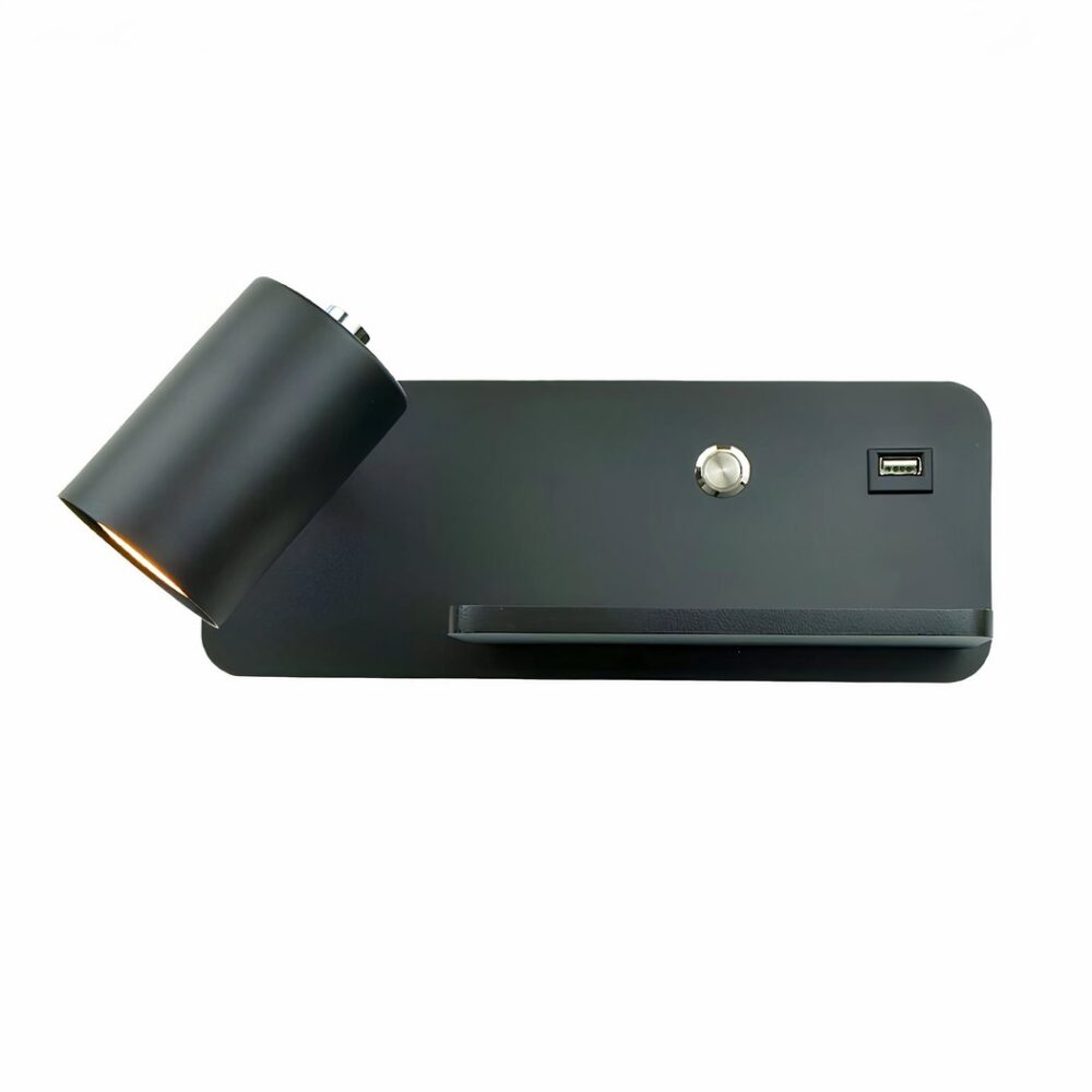 Aplique rectangular negro con foco a la izquierda, soporte para teléfono, interruptor integrado gris, puerto USB Sobre fondo blanco