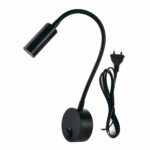 Aplique negro con cable. Base redonda con interruptor, vástago largo y flexible y culata negra. Fondo blanco.