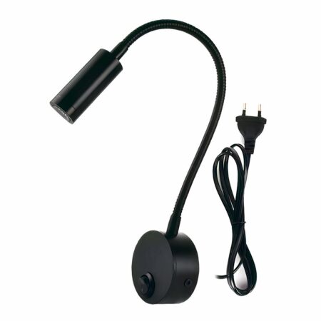 Aplique negro con cable. Base redonda con interruptor, vástago largo y flexible y culata negra. Fondo blanco.